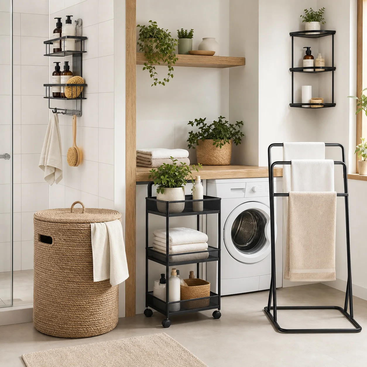 Étagères et paniers pratiques pour salles de bain compactes.