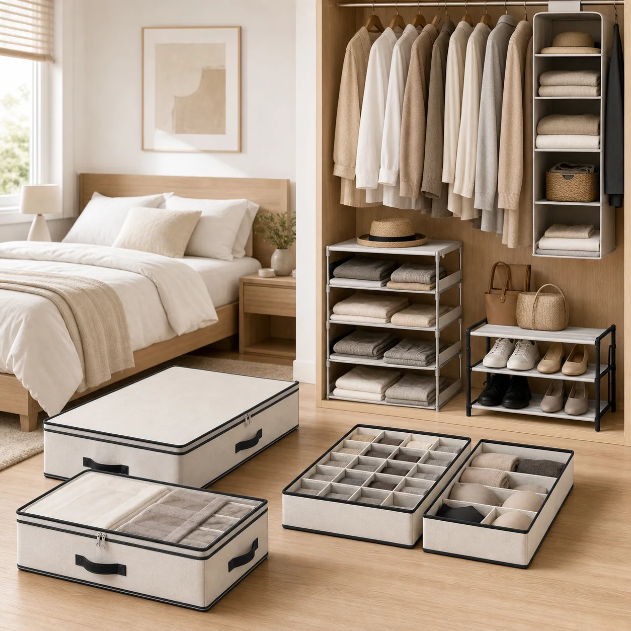 Solutions flexibles pour penderies, chaussures, vêtements et espace sous le lit.